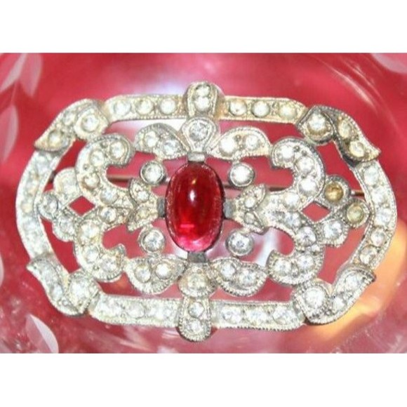 Vtg White Red Rhinestone Silver Color Brooch Collectible Jewelry Decorative Pin - Picture 3 of 6